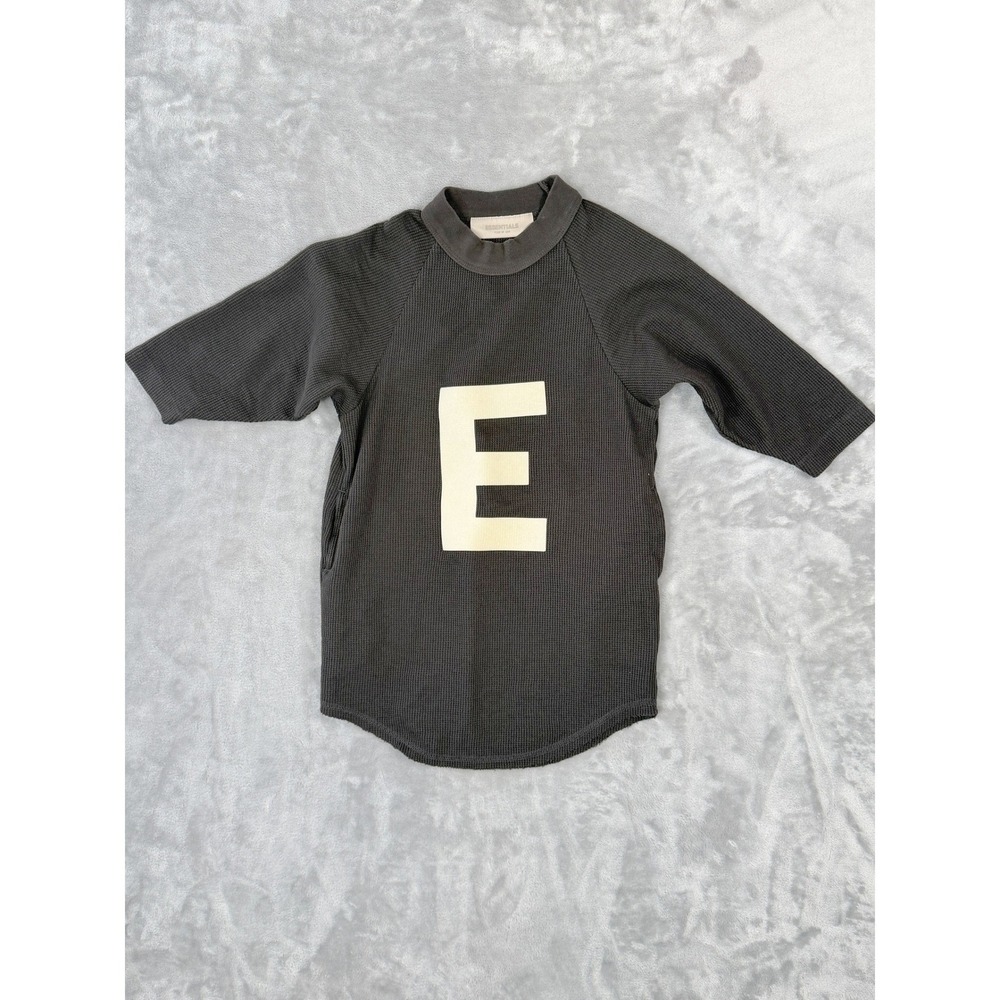 Fear of God Essentials Waffle Knit Shirt Kids 4/5 Grey "E" Graphic Casual School